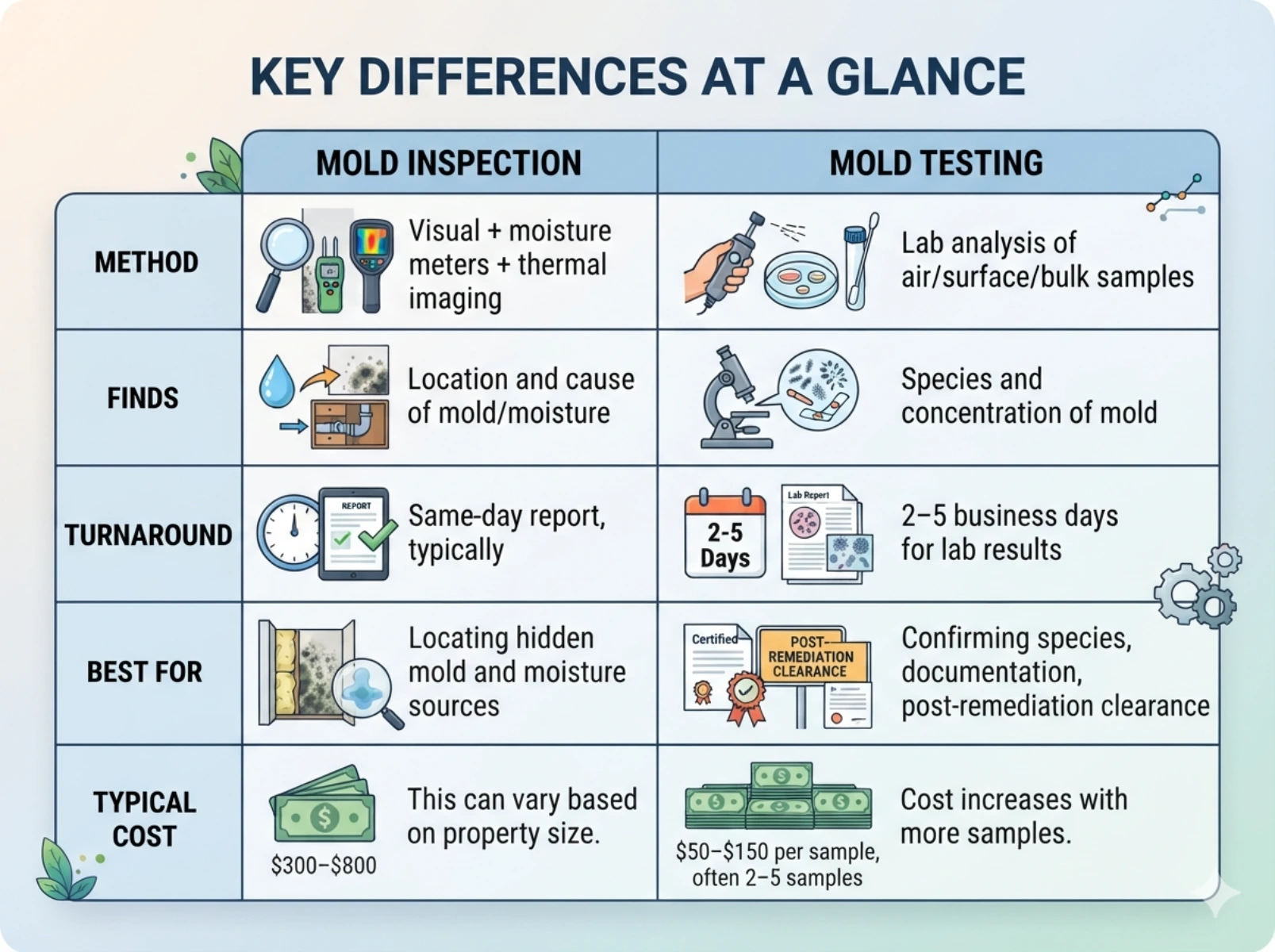 Key differences between mold inspection vs mold testing