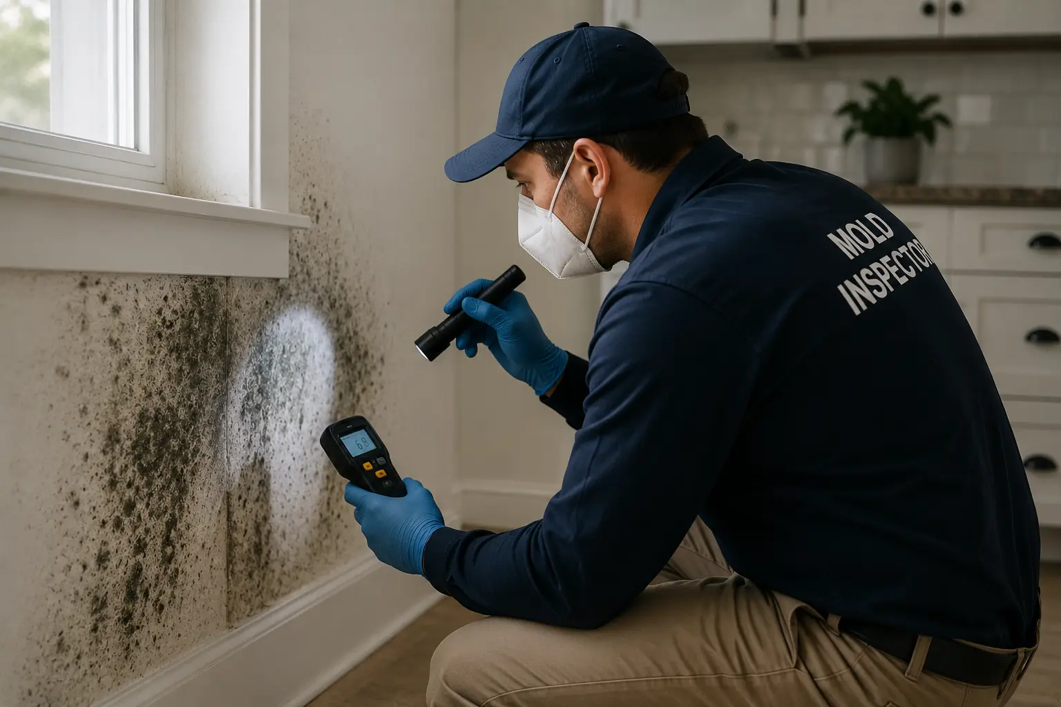 Mold remediation technician wearing protective equipment during a home inspection in Corpus Christi